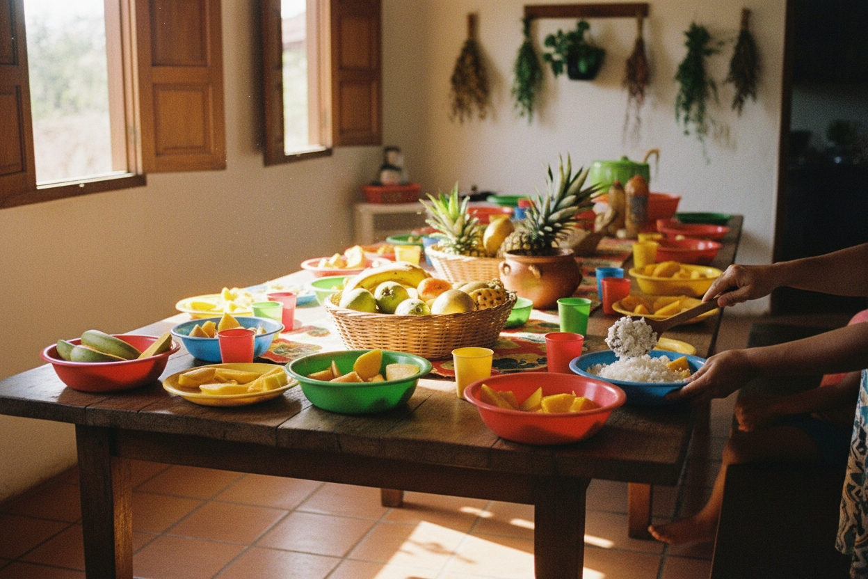 Refeição compartilhada na mesa da casa de acolhimento